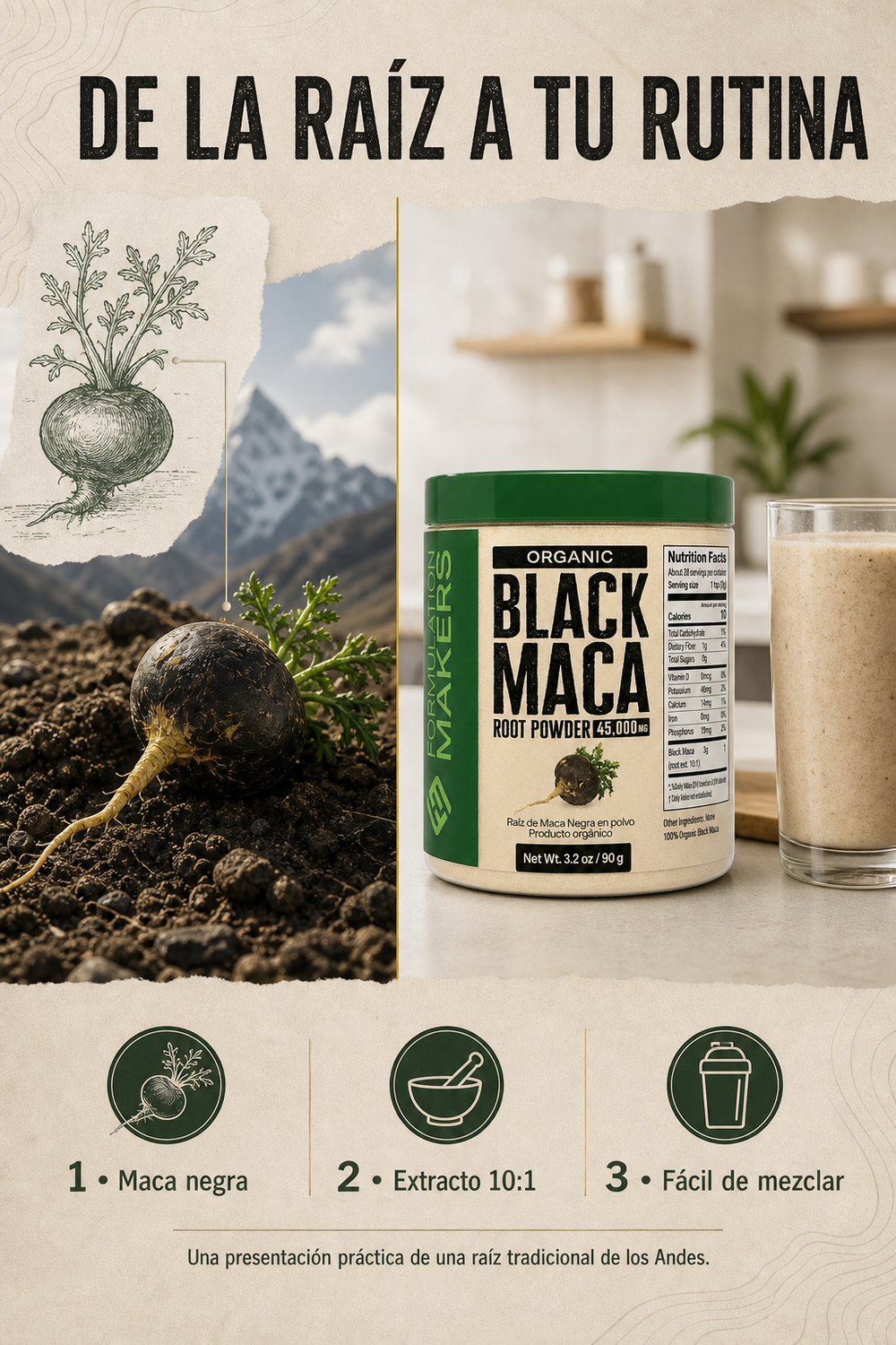 El suplemento de maca negra en polvo.