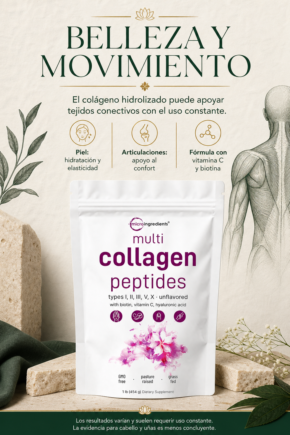 El multi colágeno en polvo, Está diseñado para mejorar la salud de la piel, articulaciones, cabello y uñas.