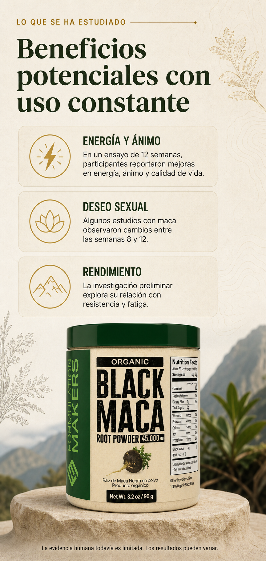El suplemento de maca negra en polvo.