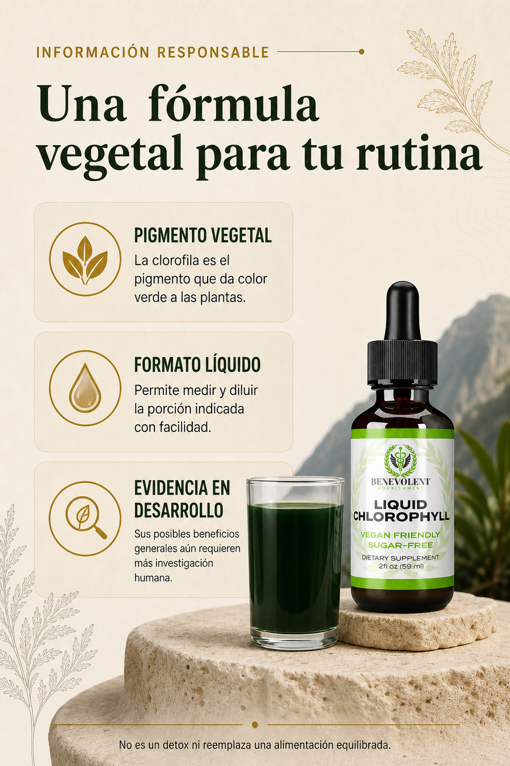 La clorofila líquida de la marca benevolent.