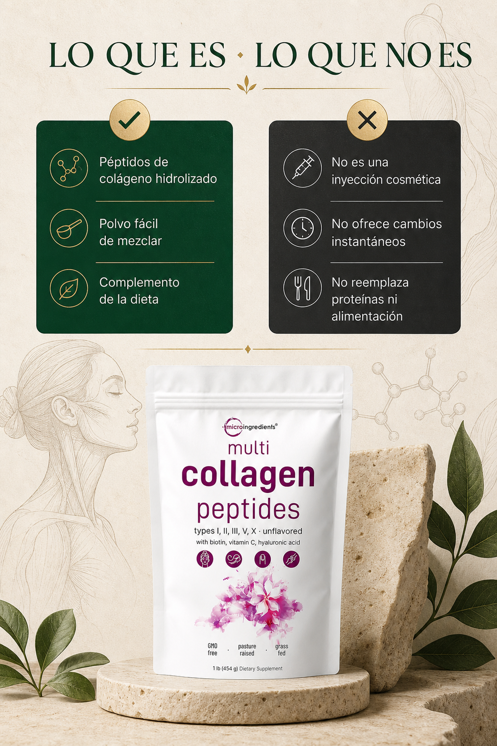 El multi colágeno en polvo, Está diseñado para mejorar la salud de la piel, articulaciones, cabello y uñas.