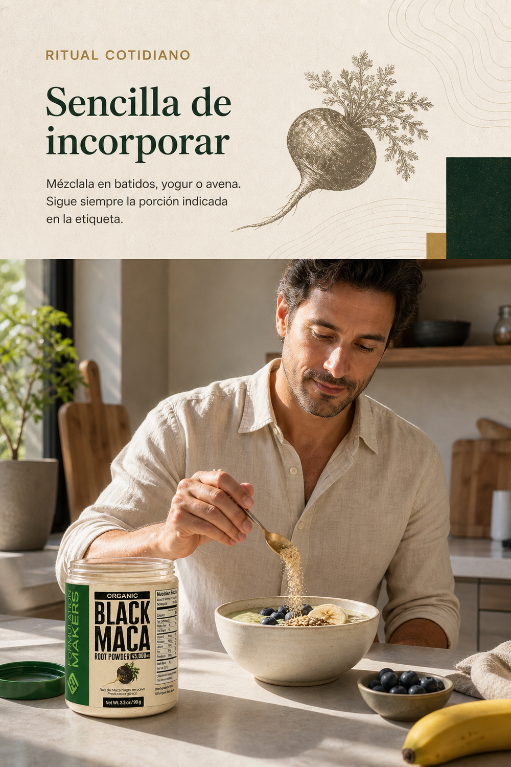 El suplemento de maca negra en polvo.