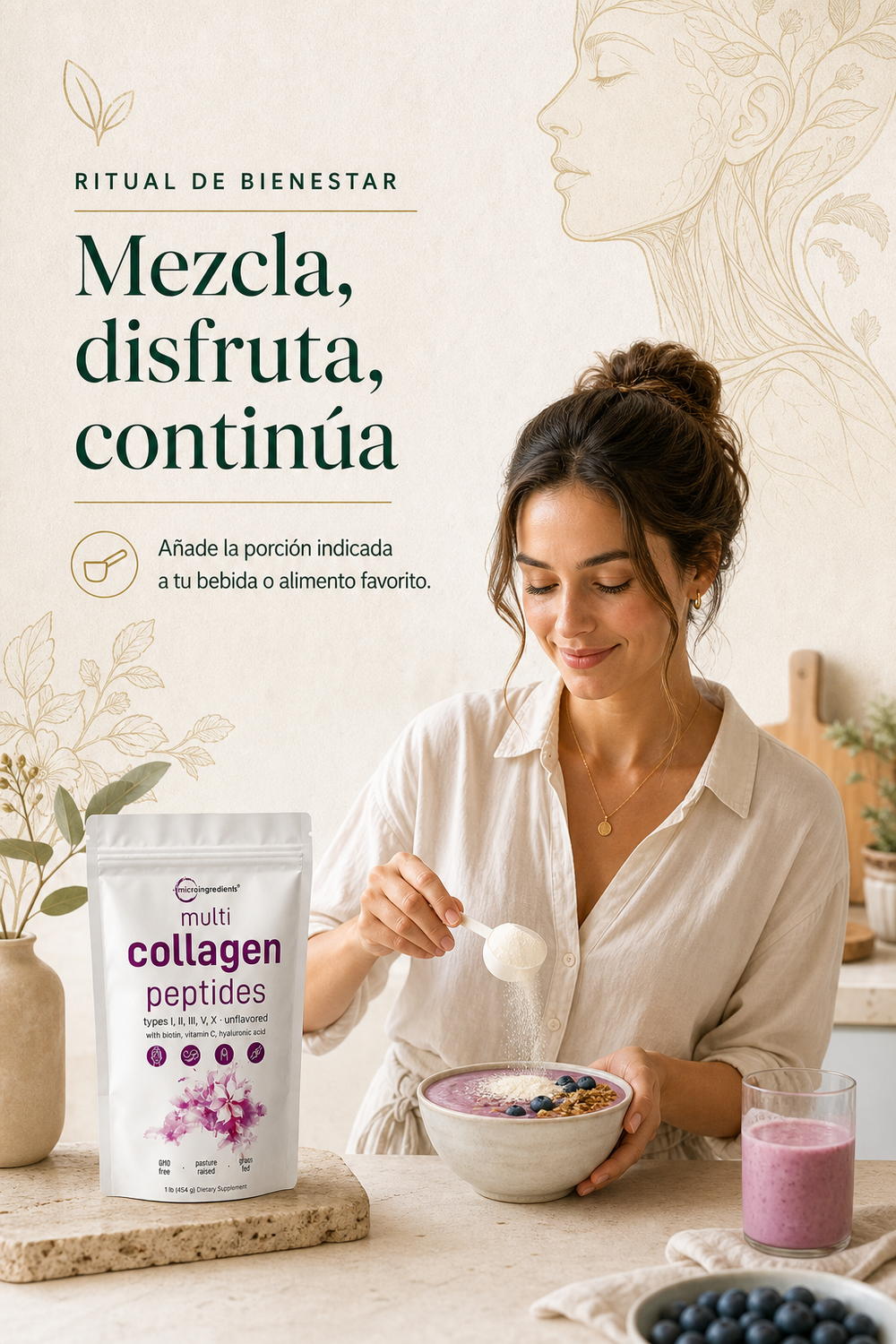 El multi colágeno en polvo, Está diseñado para mejorar la salud de la piel, articulaciones, cabello y uñas.