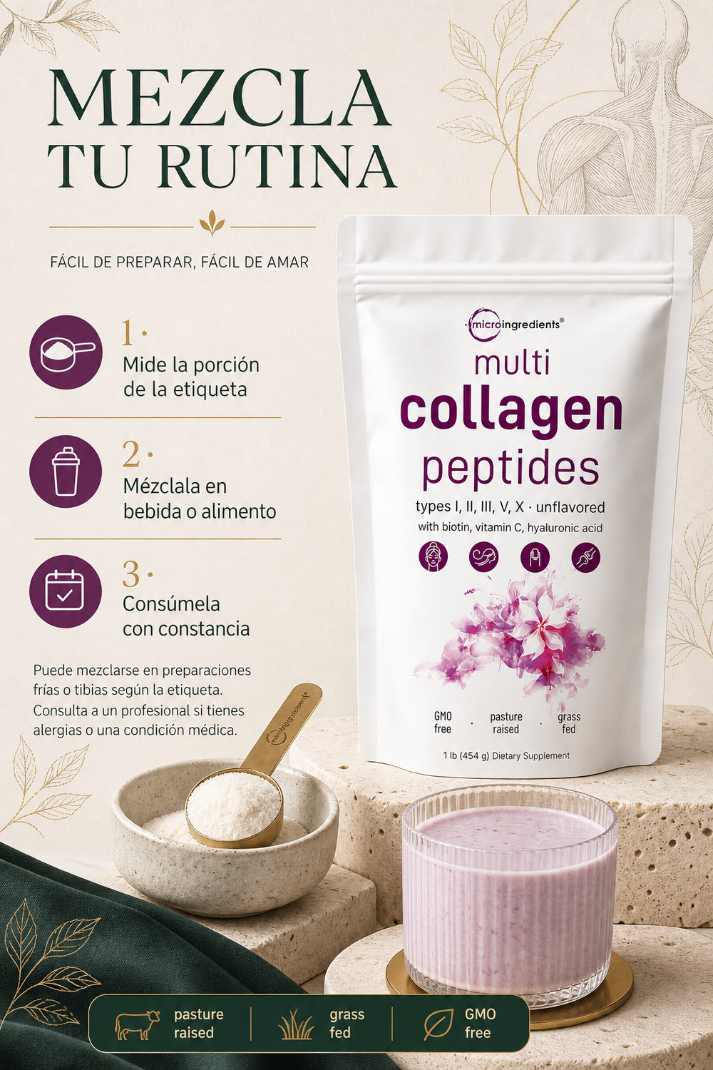 El multi colágeno en polvo, Está diseñado para mejorar la salud de la piel, articulaciones, cabello y uñas.